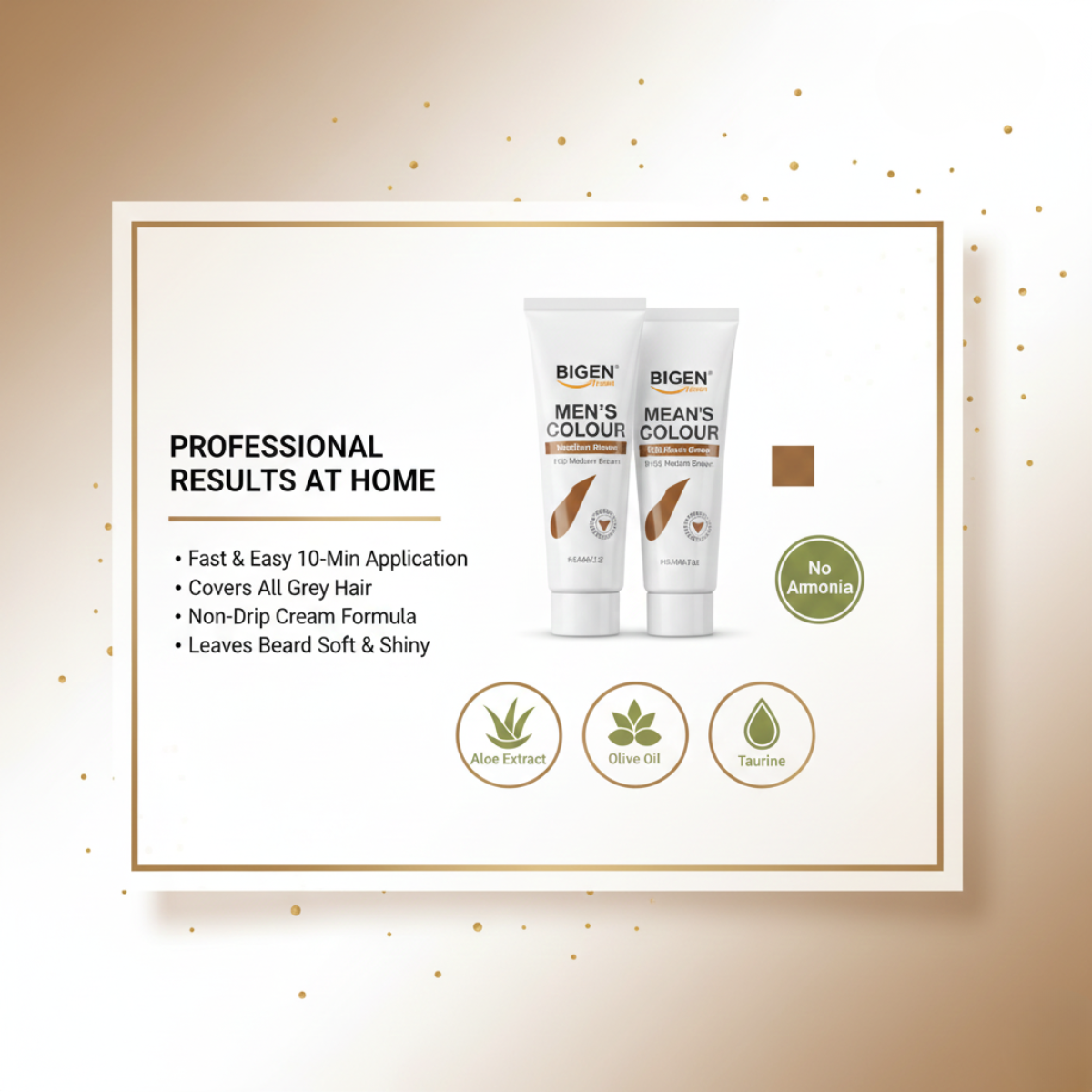 3D-Render der B105-Tuben, Medium-Brown Farbswatch sowie Icons für Aloe-Extrakt, Olivenöl und Taurin; sauberer kosmetischer Stil.