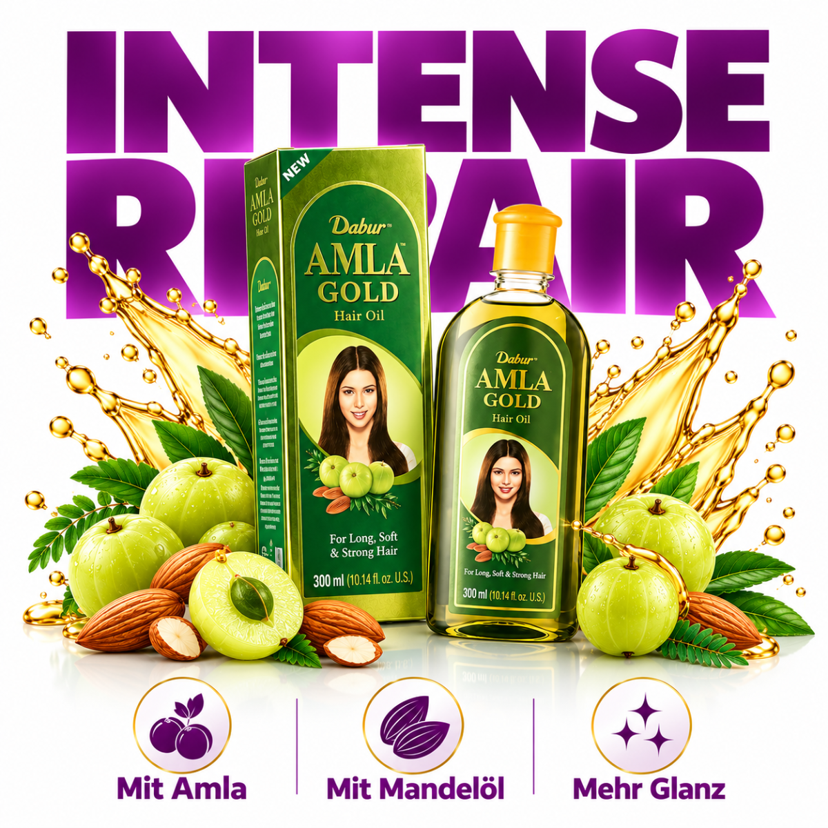 Dabur Amla Gold Hair Oil 300 ml mit Amla, Mandelöl und Henna für mehr Geschmeidigkeit, bessere Kämmbarkeit und gepflegten Glanz.