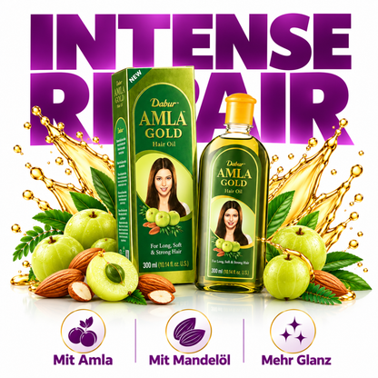 Dabur Amla Gold Hair Oil 300 ml mit Amla, Mandelöl und Henna für mehr Geschmeidigkeit, bessere Kämmbarkeit und gepflegten Glanz.