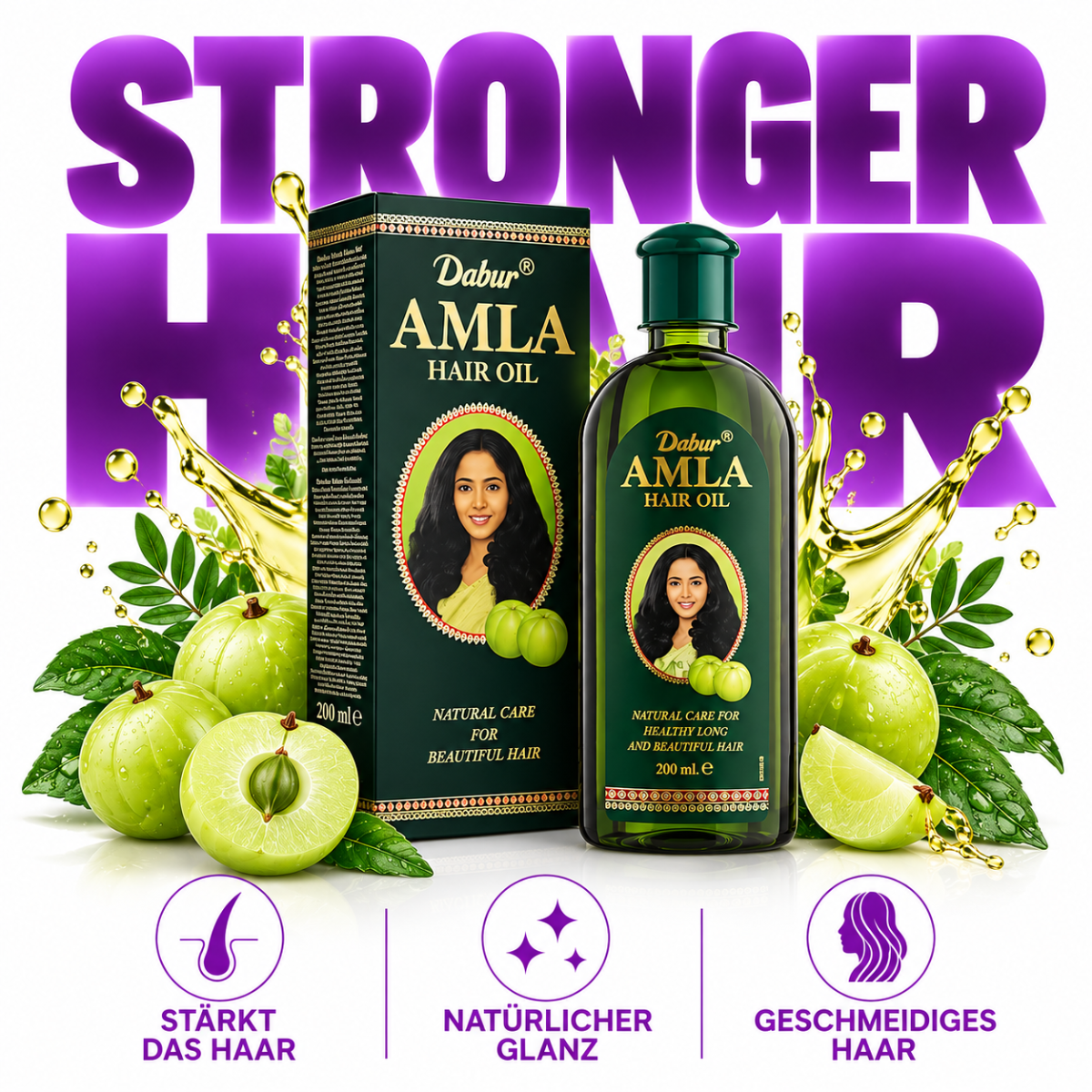 Dabur Amla Hair Oil 200 ml mit Amla-Extrakt für trockenes, strapaziertes und glanzlos wirkendes Haar.