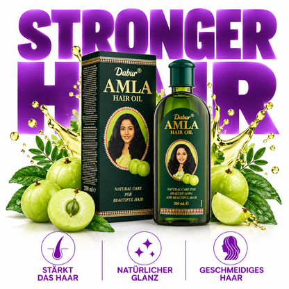 Dabur Amla Hair Oil 200 ml mit Amla-Extrakt für trockenes, strapaziertes und glanzlos wirkendes Haar.