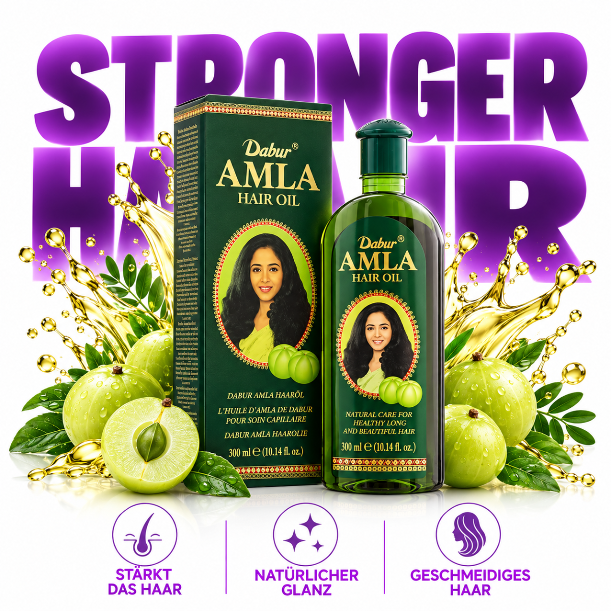 Dabur Amla Hair Oil 300 ml mit Amla-Extrakt für trockenes, strapaziertes und pflegebedürftiges Haar.