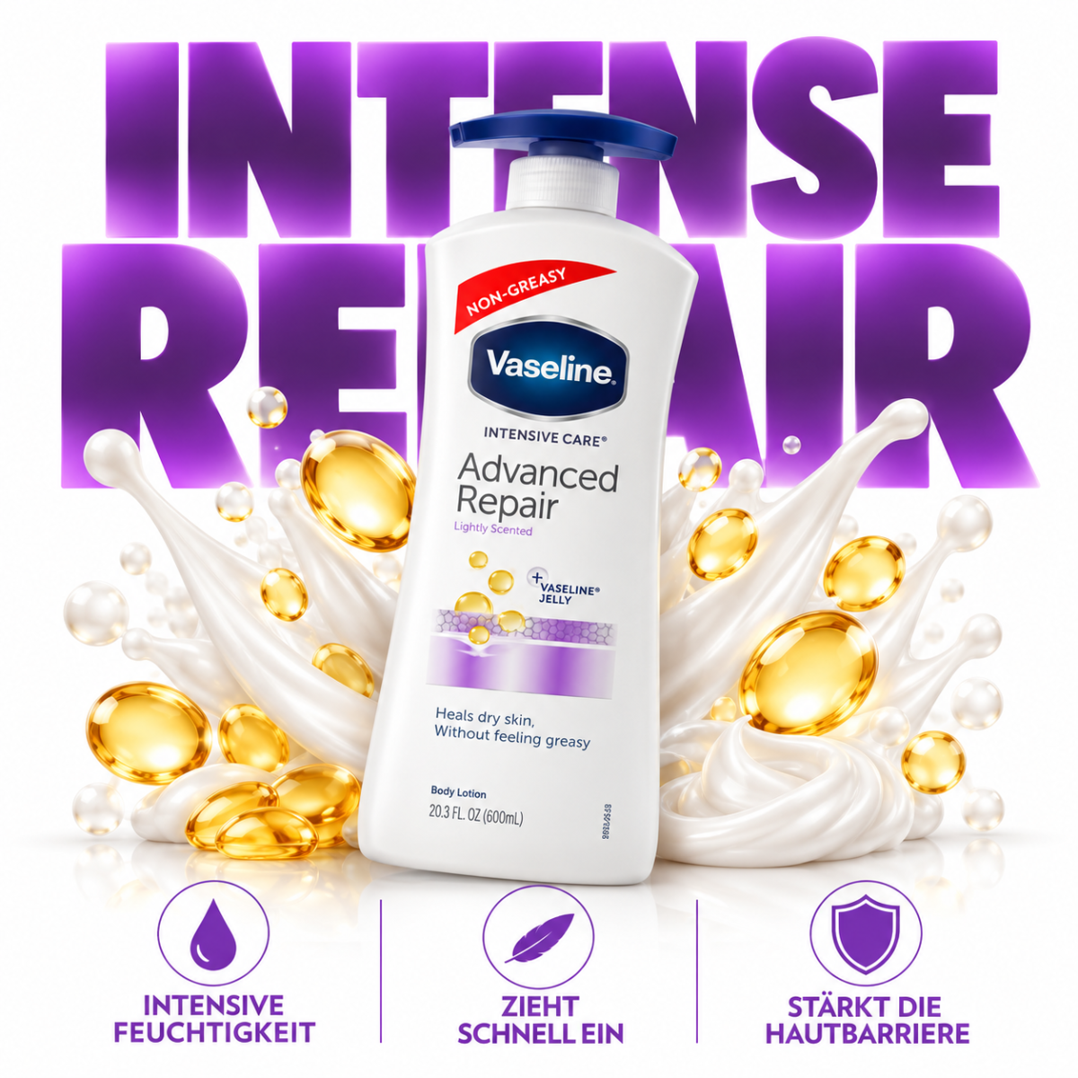Vaseline Intensive Care Advanced Repair Unscented Lotion 600 ml mit Vaseline Jelly Mikrotröpfchen, Glycerin und feuchtigkeitsspendenden Lipiden.