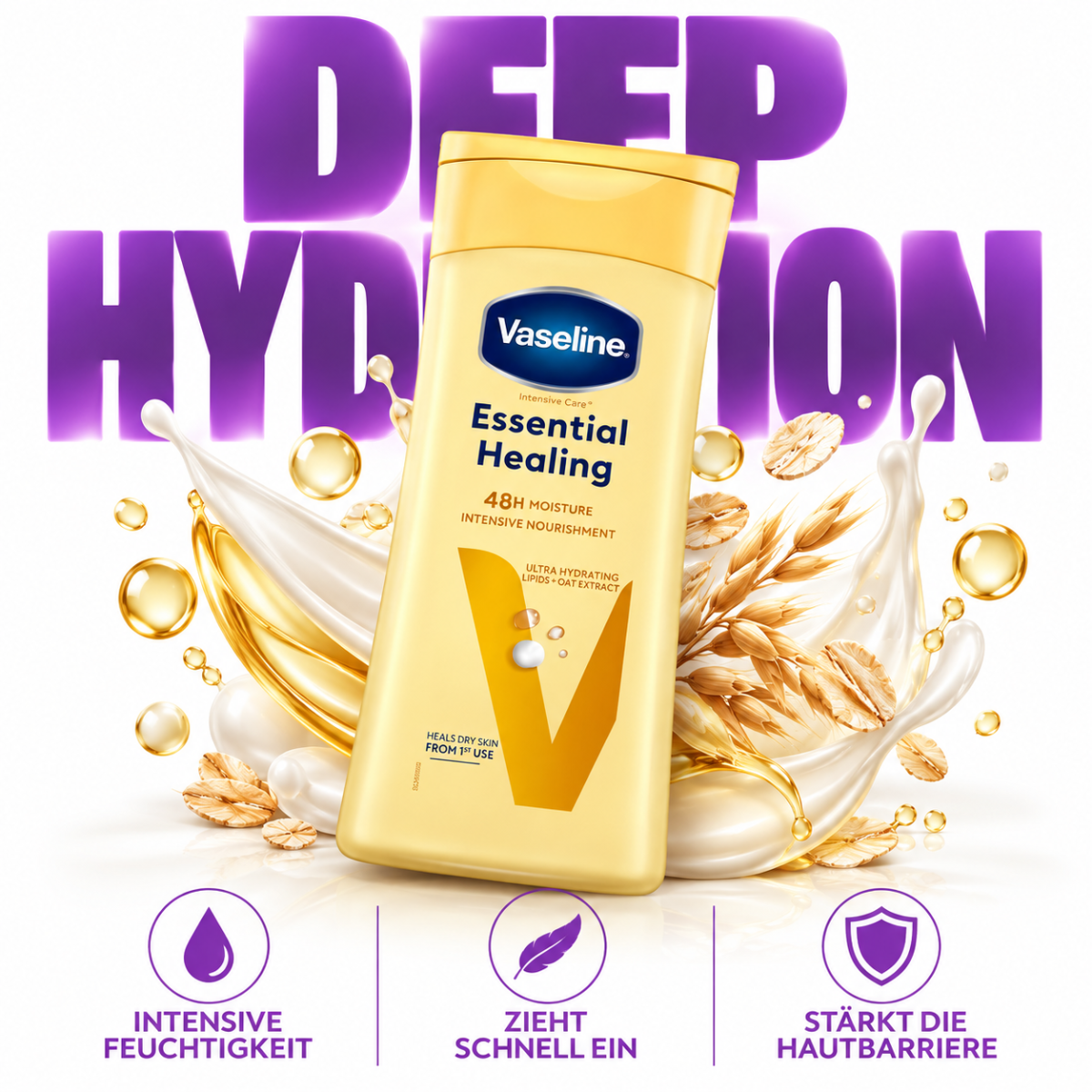 Vaseline Intensive Care Essential Healing Lotion mit Haferextrakt und feuchtigkeitsspendenden Lipiden für trockene und raue Haut.