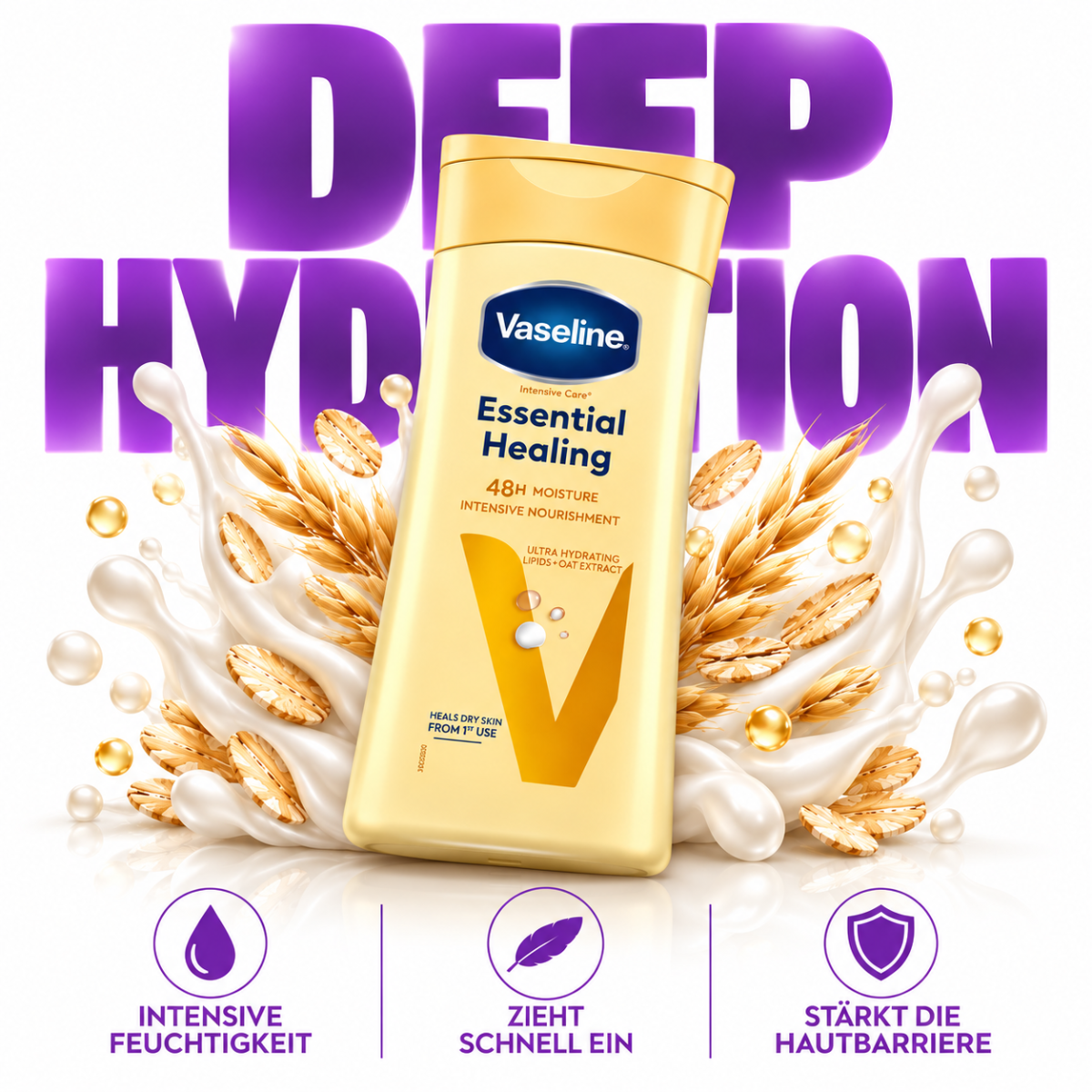 Vaseline Intensive Care Essential Healing Lotion 400 ml mit Haferextrakt und feuchtigkeitsspendenden Lipiden für trockene und raue Haut.